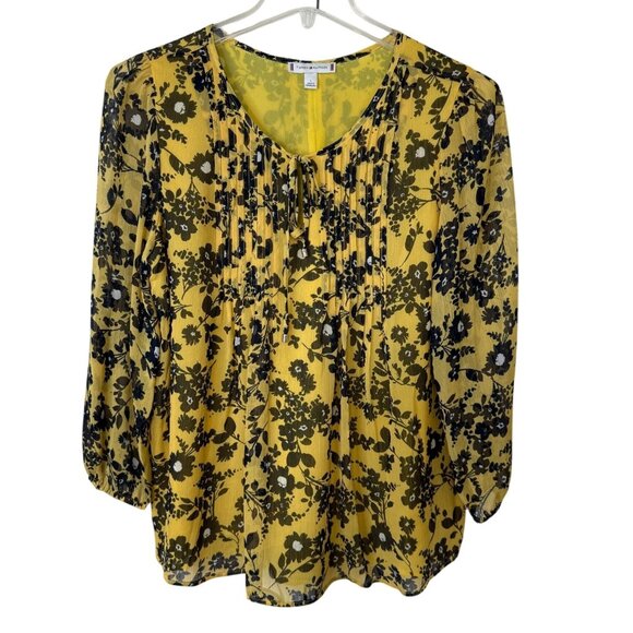 Tommy Hilfiger L Yellow Black Floral Print Lined Blouse with Pintucks Romantic - Picture 2 of 9